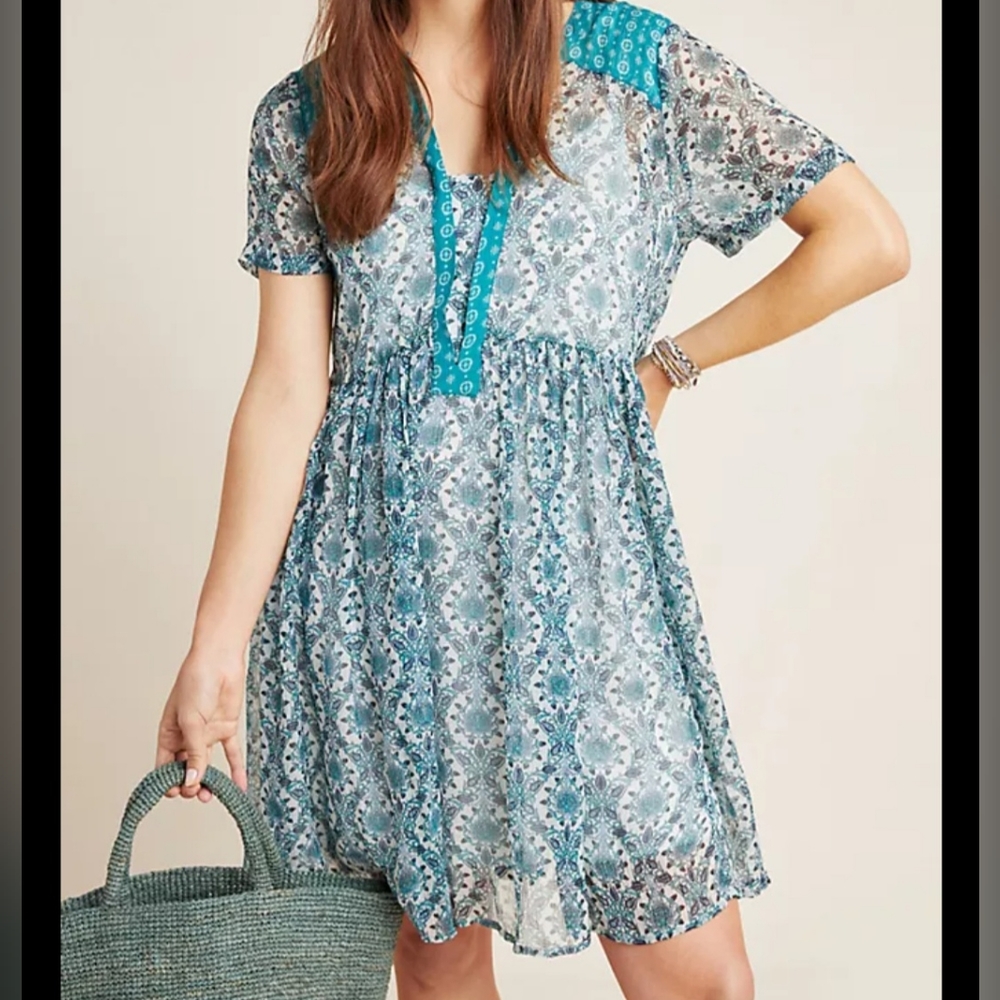 Maeve Anthropologie Mandie Tunic Dress Floral Women's Size XS Blue